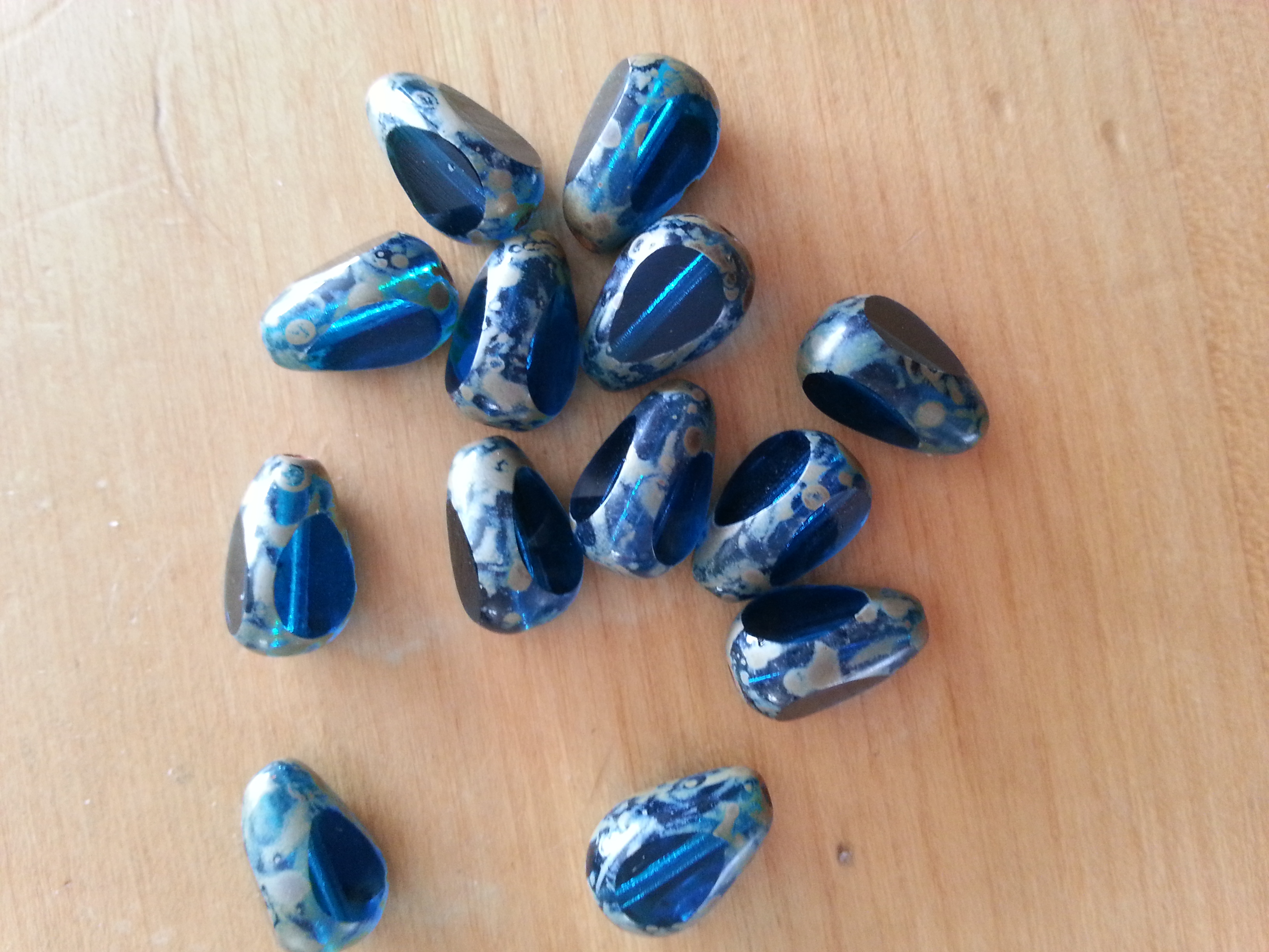 Czech 11mm Capri Blue Picasso 3 Cut Teardrop Bead