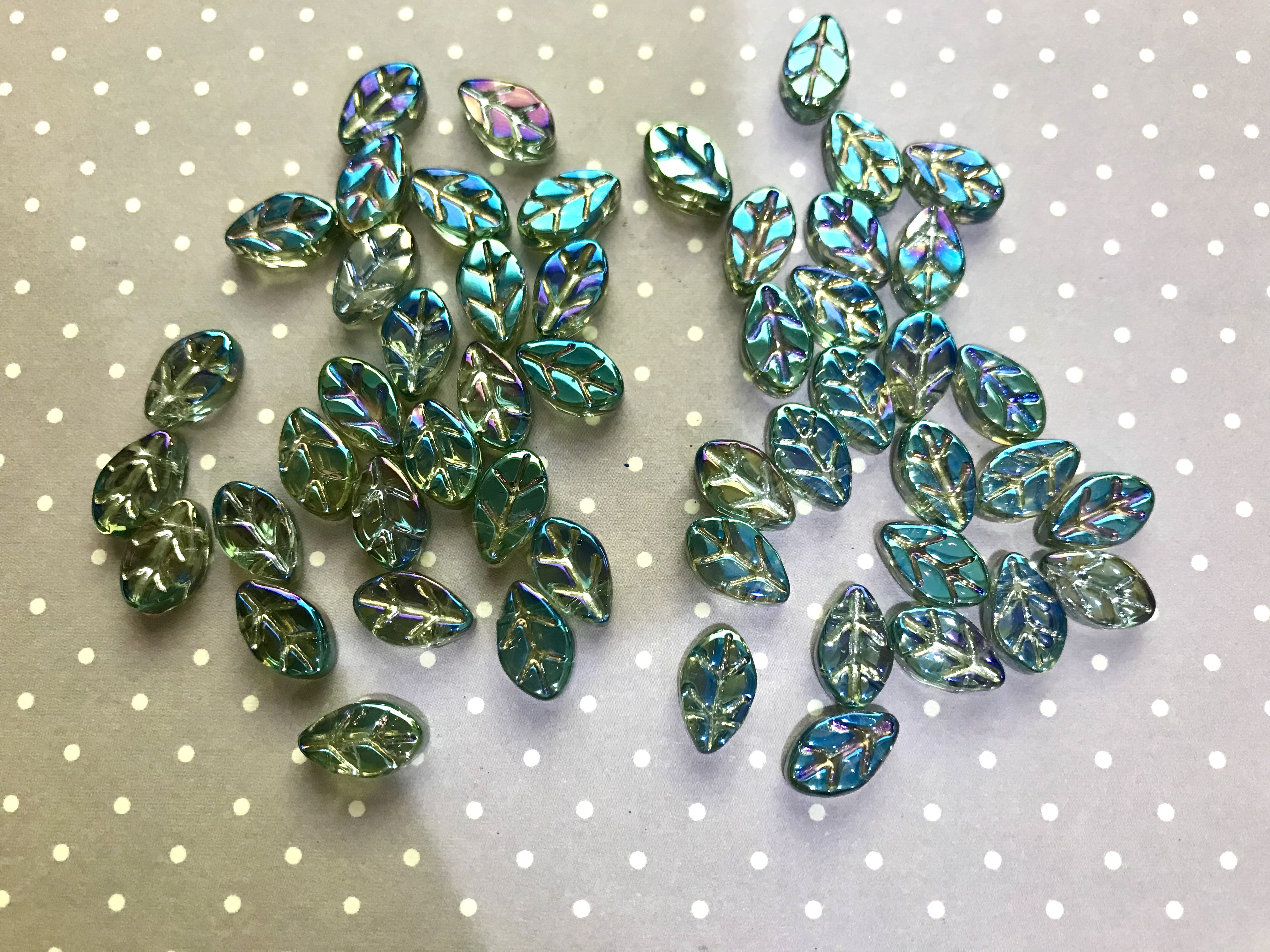 Glass Blue/Green AB Rainbow Coloured Leaf Beads