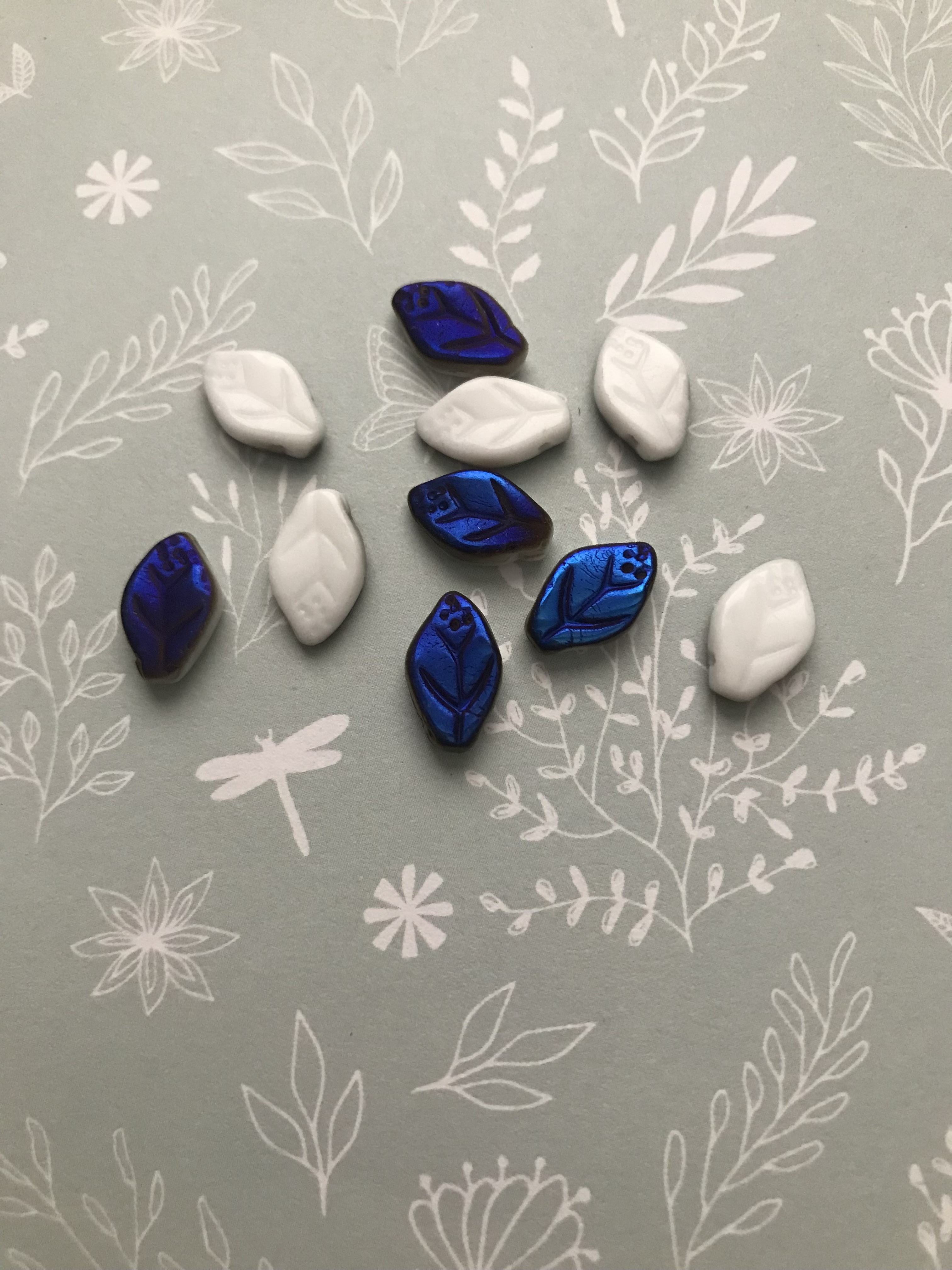 Czech Glass Sapphire Metallic Blue and White 12x7mm Leaf Beads