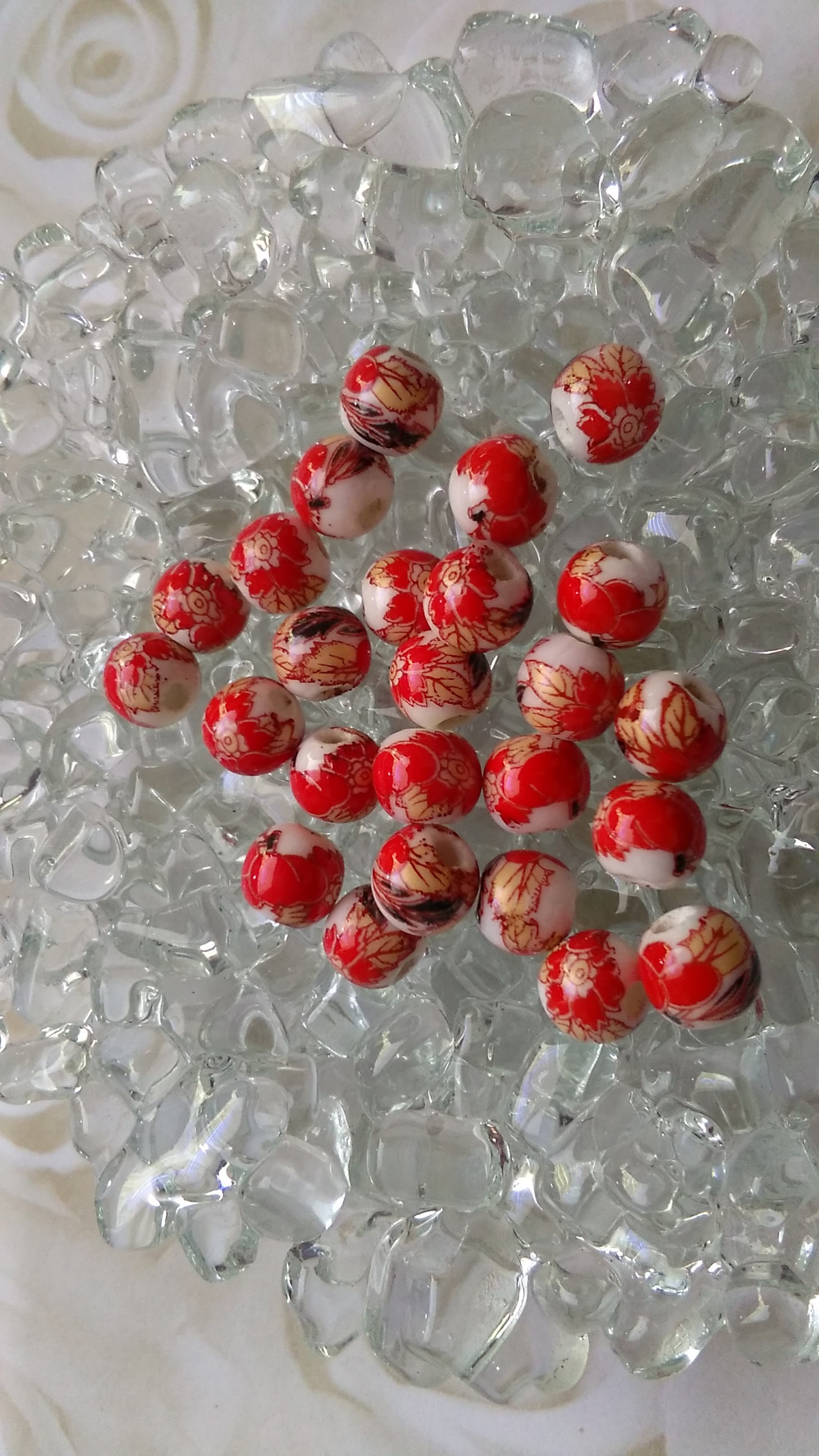 Ceramic Red/Black and Gold Flower Patterned 6mm Beads