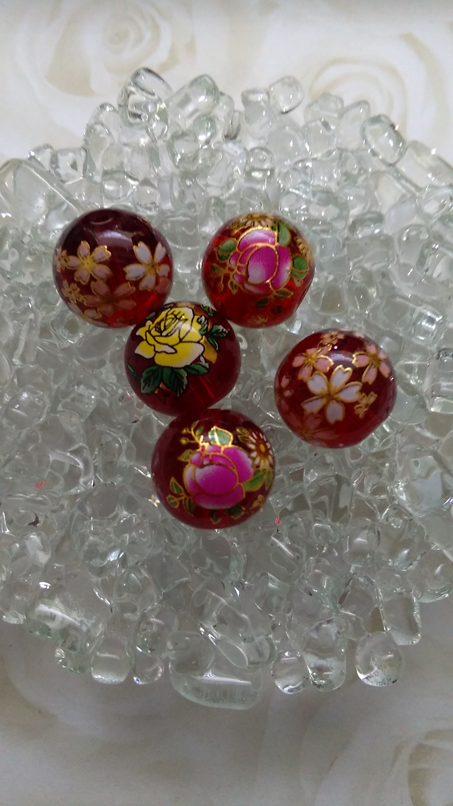 Glass Red Flower Transfer 14mm Beads