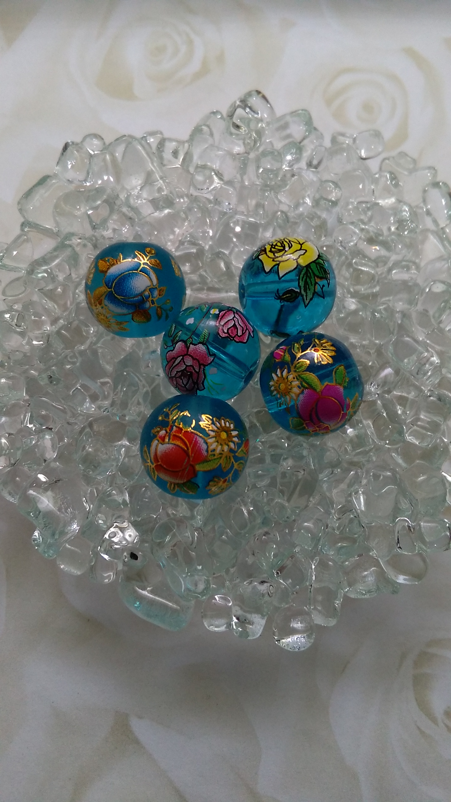 Glass Blue Flower Transfer 14mm Beads