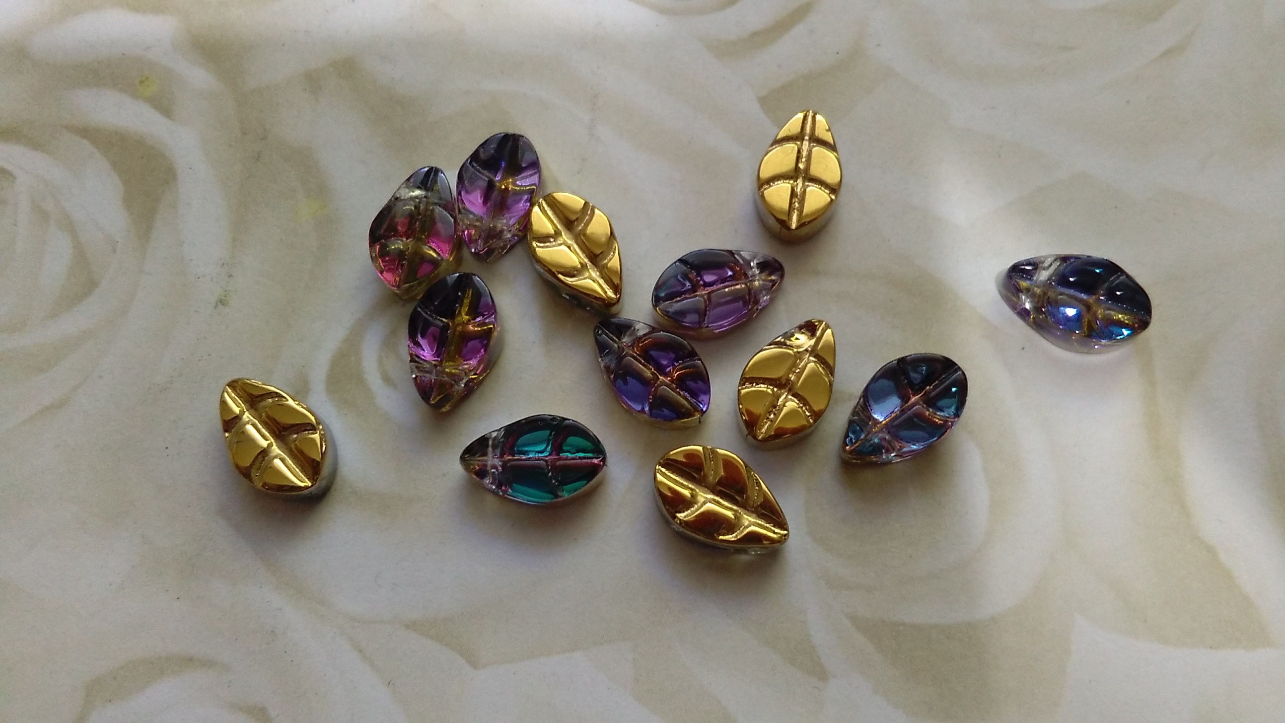 Glass Gold AB Rainbow Leaf Beads