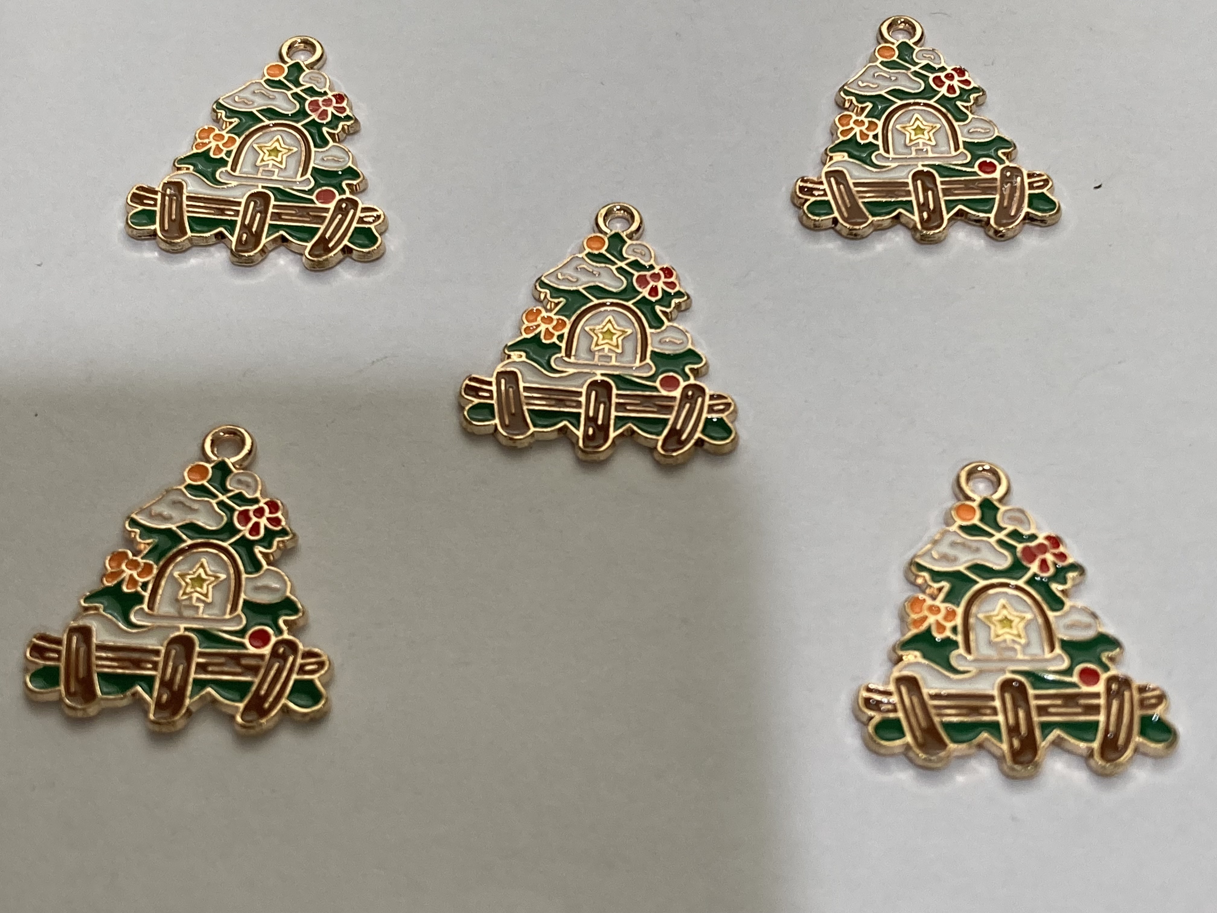 Gold Toned Enamel Green Decoration Tree 26x20mm Charms