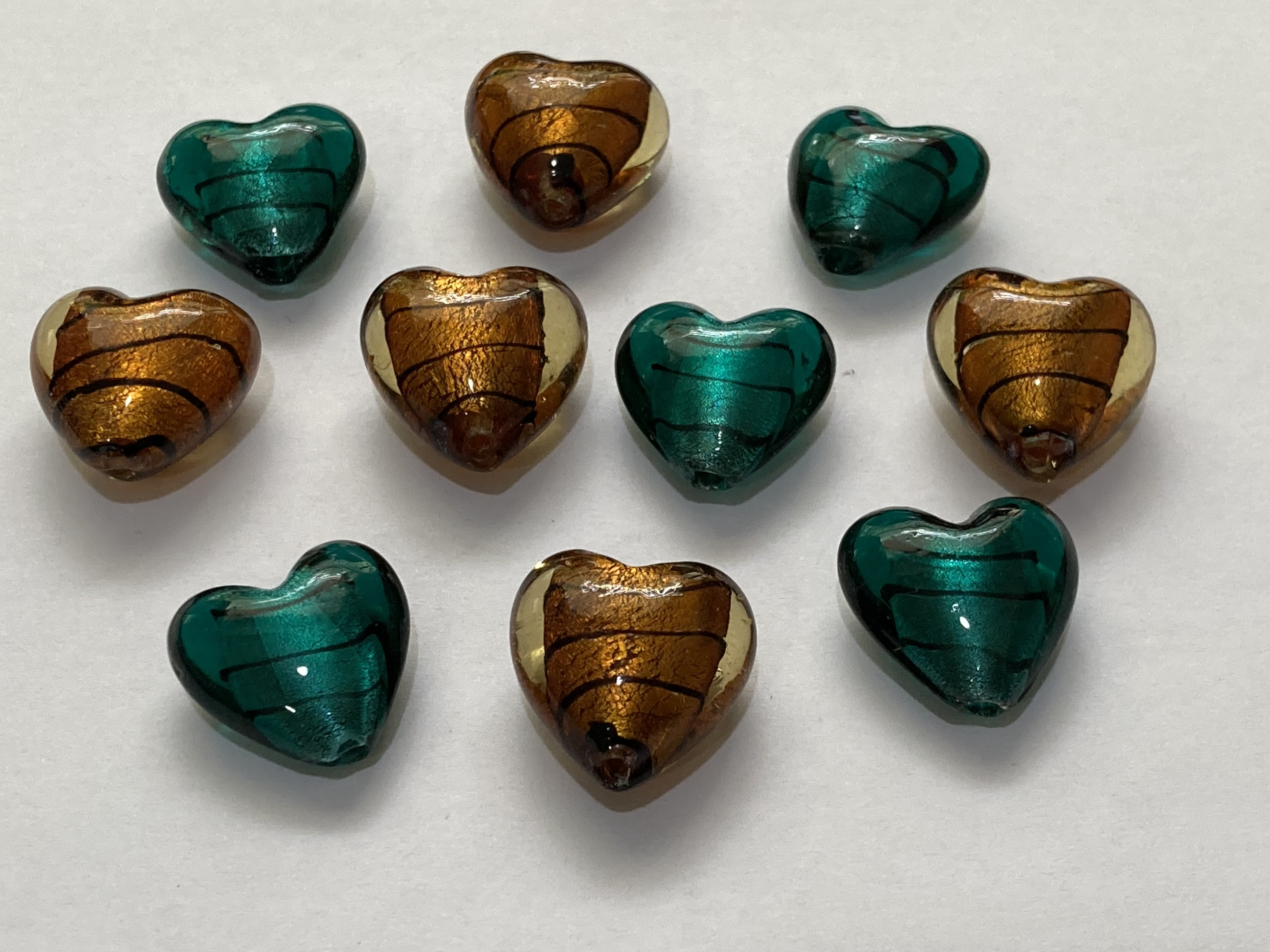 Lampwork Glass Teal and Bronze Silver Lined 20mm Puff Heart Beads
